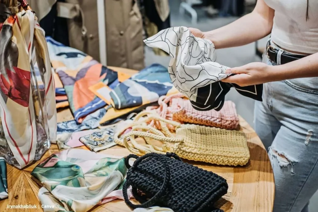 Mujer examina pañuelos sostenibles sobre una mesa con bolsos tejidos y textiles coloridos, ilustrando el concepto de armario consciente en Colombia.