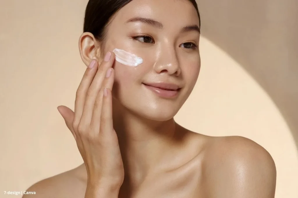 Maquillaje clean beauty – mujer aplica crema facial sobre la mejilla.