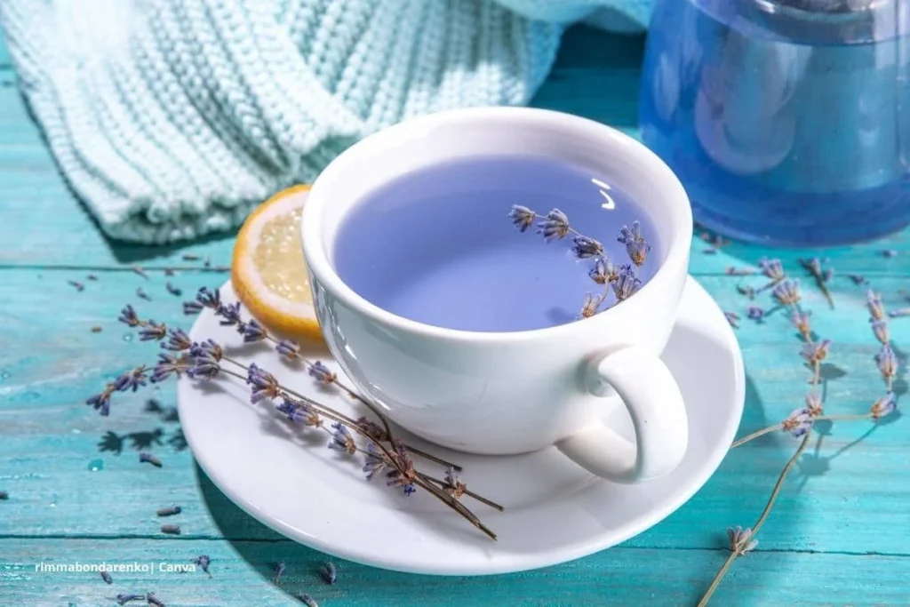 Taza de té de hierbabuena con limón y flores de lavanda sobre mesa azul.