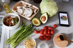 Alimentación antiinflamatoria con aguacate, espárragos, champiñones, lechuga y tomates frescos sobre mesa de cocina.