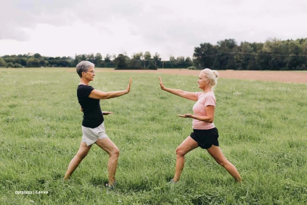 Personas mayores practicando Tai Chi al aire libre en un campo verde, movimiento lento y coordinado, meditación en movimiento.