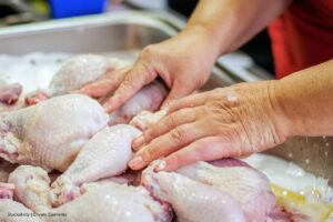lavar el pollo, persona lavando el pollo, Más Bienestar